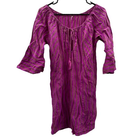 Free People Folk Town Linen‎ Blend Purple & Tan Striped Mini Dress Size S - Picture 3 of 9